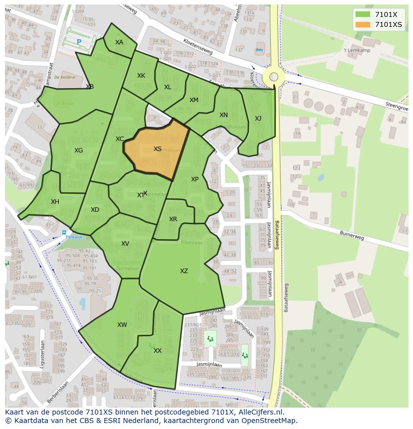 Afbeelding van het postcodegebied 7101 XS op de kaart.