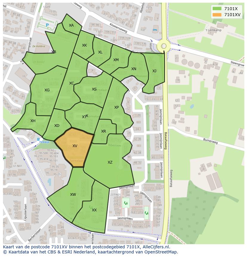 Afbeelding van het postcodegebied 7101 XV op de kaart.