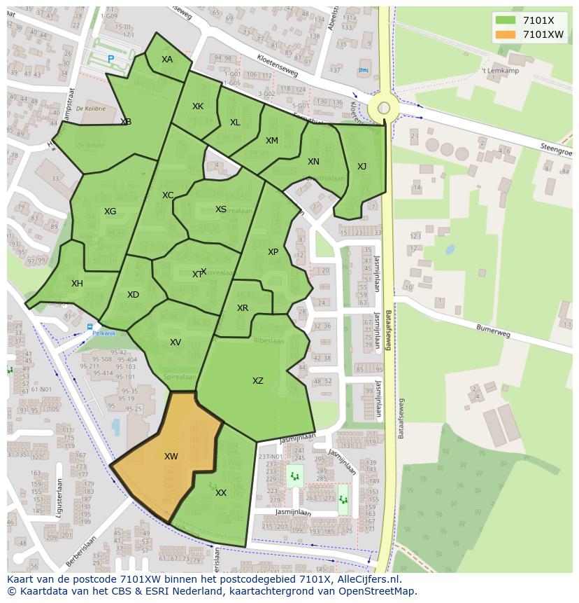 Afbeelding van het postcodegebied 7101 XW op de kaart.