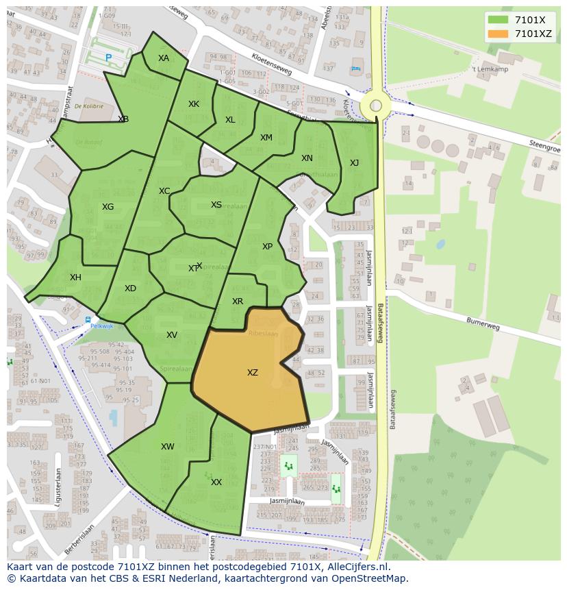 Afbeelding van het postcodegebied 7101 XZ op de kaart.