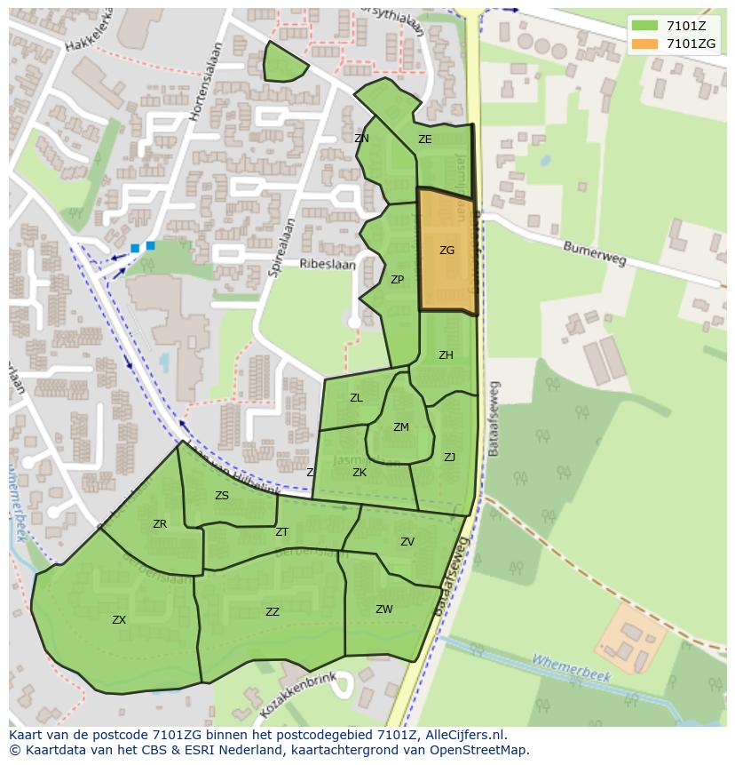 Afbeelding van het postcodegebied 7101 ZG op de kaart.