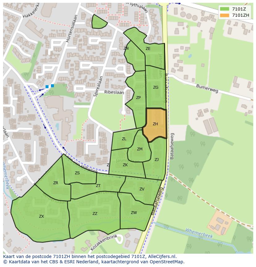 Afbeelding van het postcodegebied 7101 ZH op de kaart.
