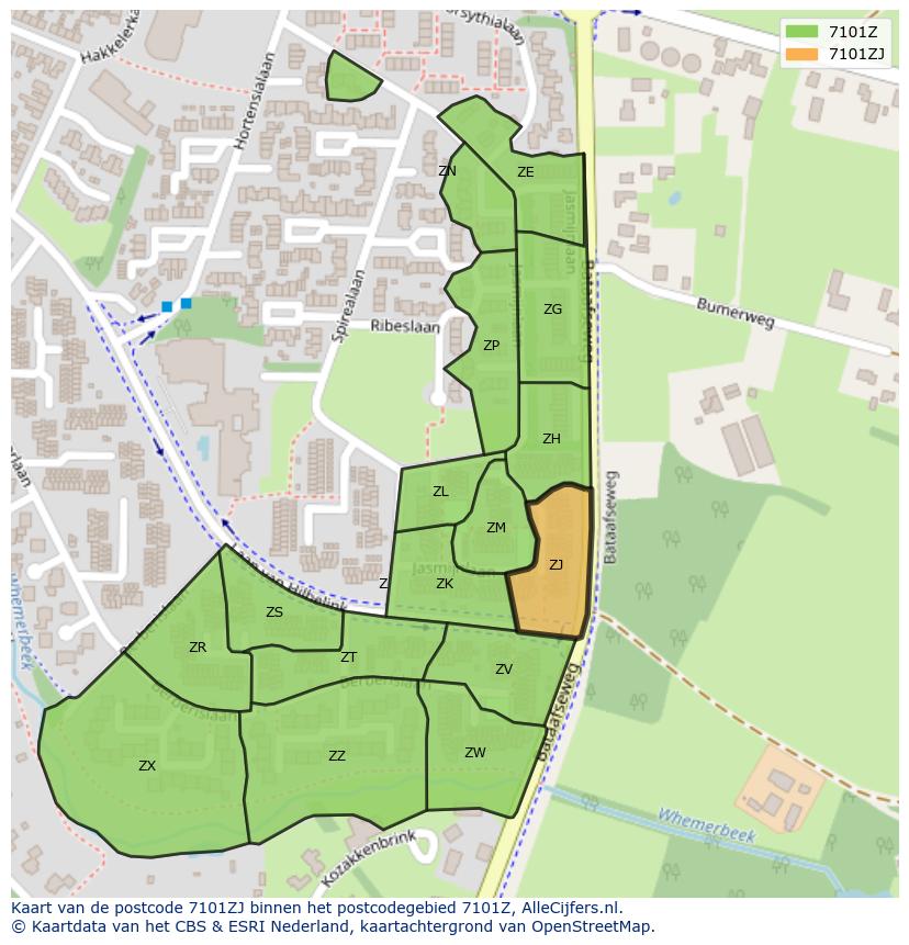 Afbeelding van het postcodegebied 7101 ZJ op de kaart.