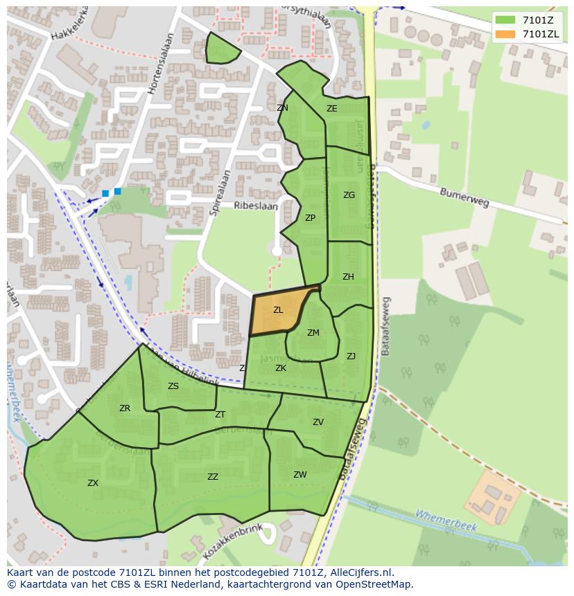 Afbeelding van het postcodegebied 7101 ZL op de kaart.