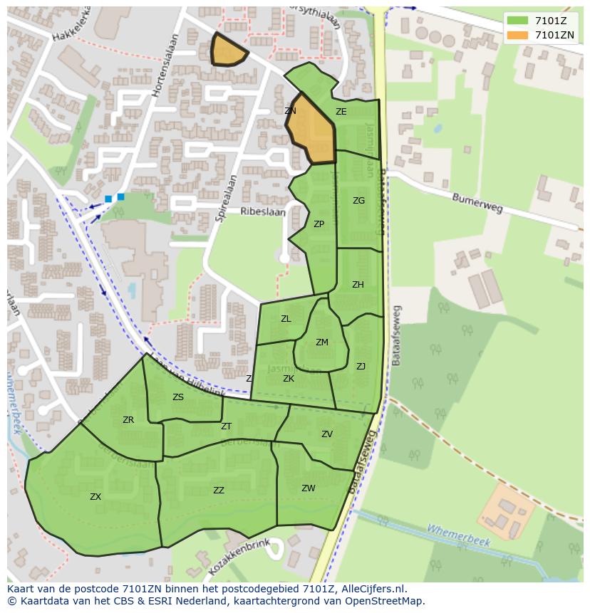 Afbeelding van het postcodegebied 7101 ZN op de kaart.