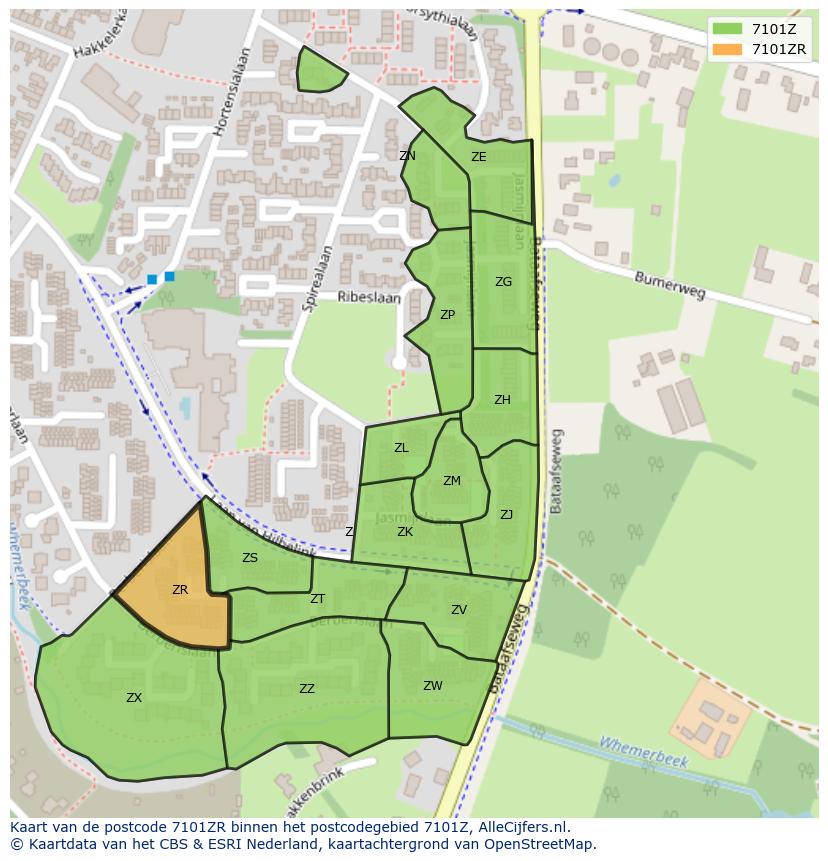 Afbeelding van het postcodegebied 7101 ZR op de kaart.