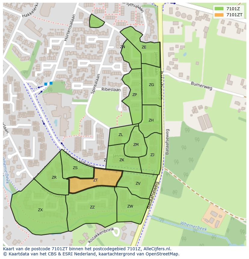Afbeelding van het postcodegebied 7101 ZT op de kaart.