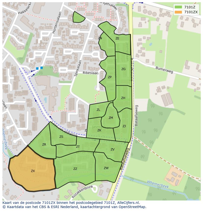 Afbeelding van het postcodegebied 7101 ZX op de kaart.