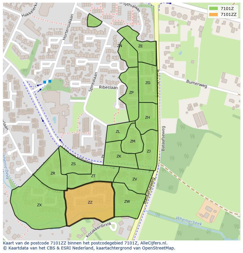 Afbeelding van het postcodegebied 7101 ZZ op de kaart.