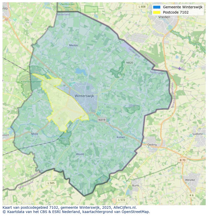 Afbeelding van het postcodegebied 7102 op de kaart.