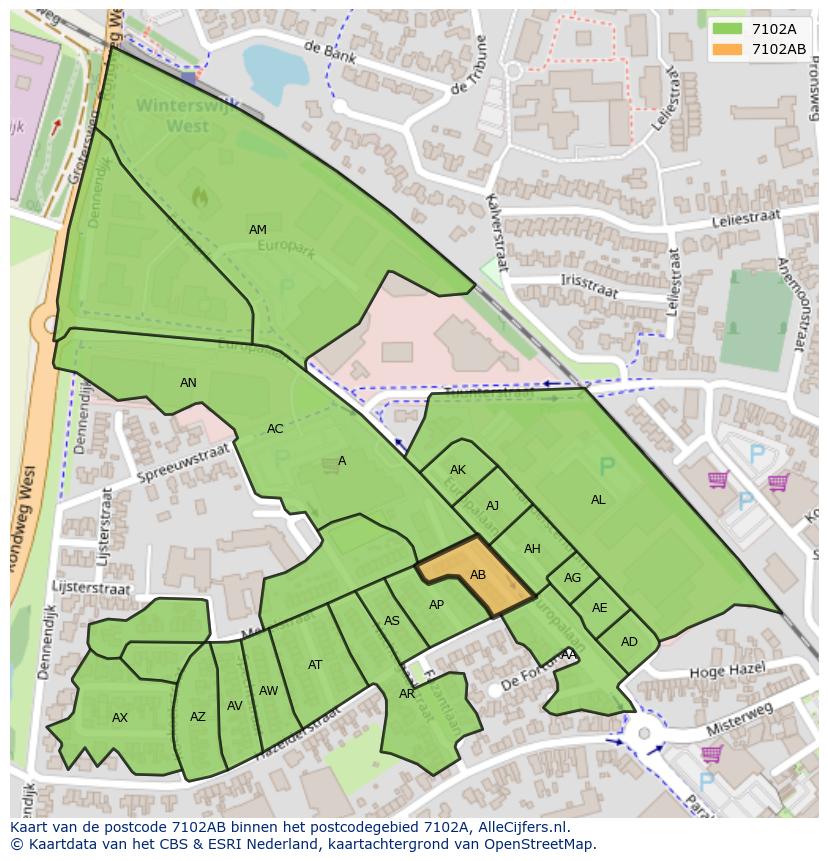 Afbeelding van het postcodegebied 7102 AB op de kaart.
