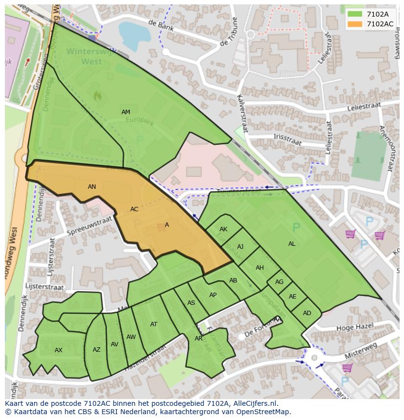 Afbeelding van het postcodegebied 7102 AC op de kaart.