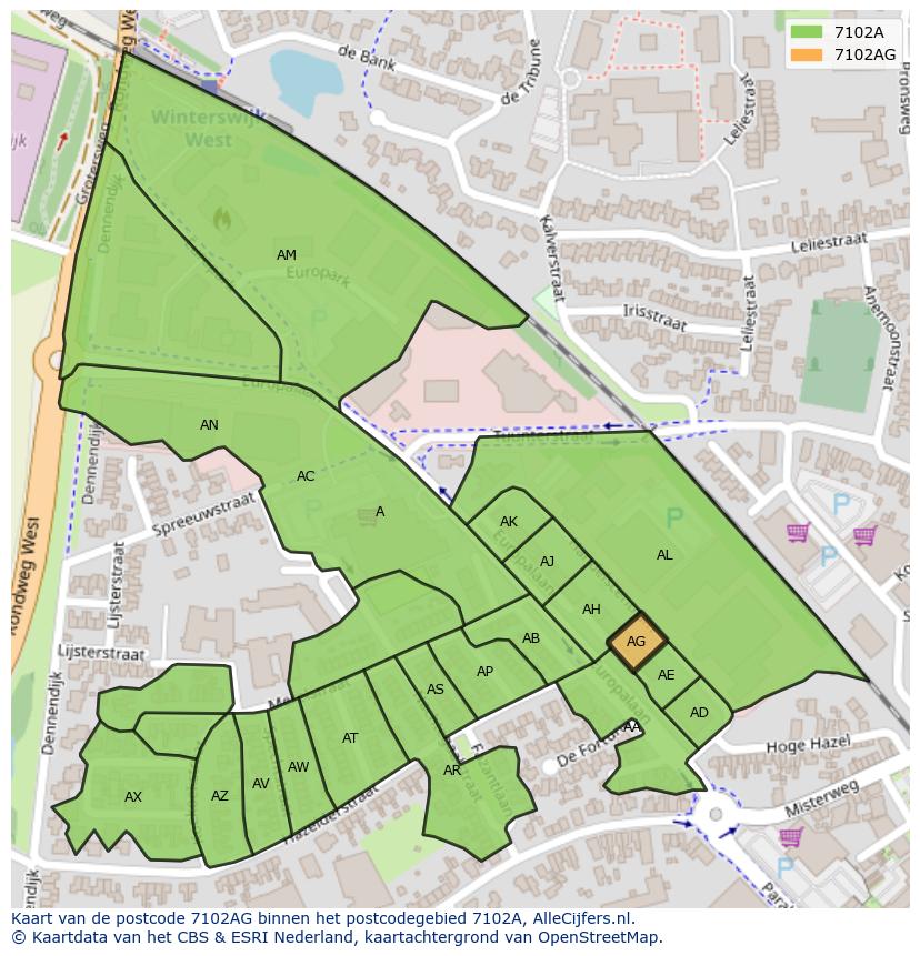 Afbeelding van het postcodegebied 7102 AG op de kaart.