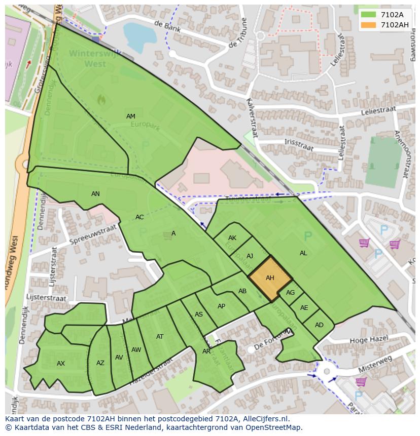 Afbeelding van het postcodegebied 7102 AH op de kaart.
