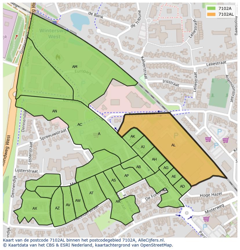 Afbeelding van het postcodegebied 7102 AL op de kaart.