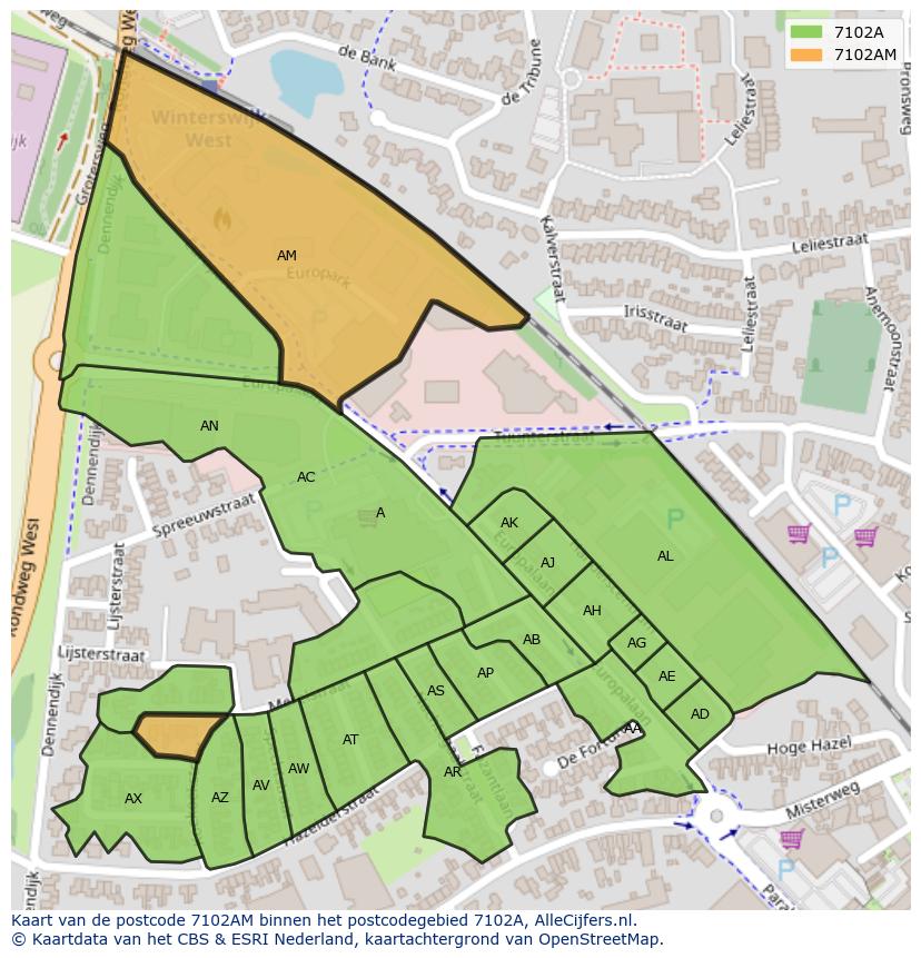 Afbeelding van het postcodegebied 7102 AM op de kaart.