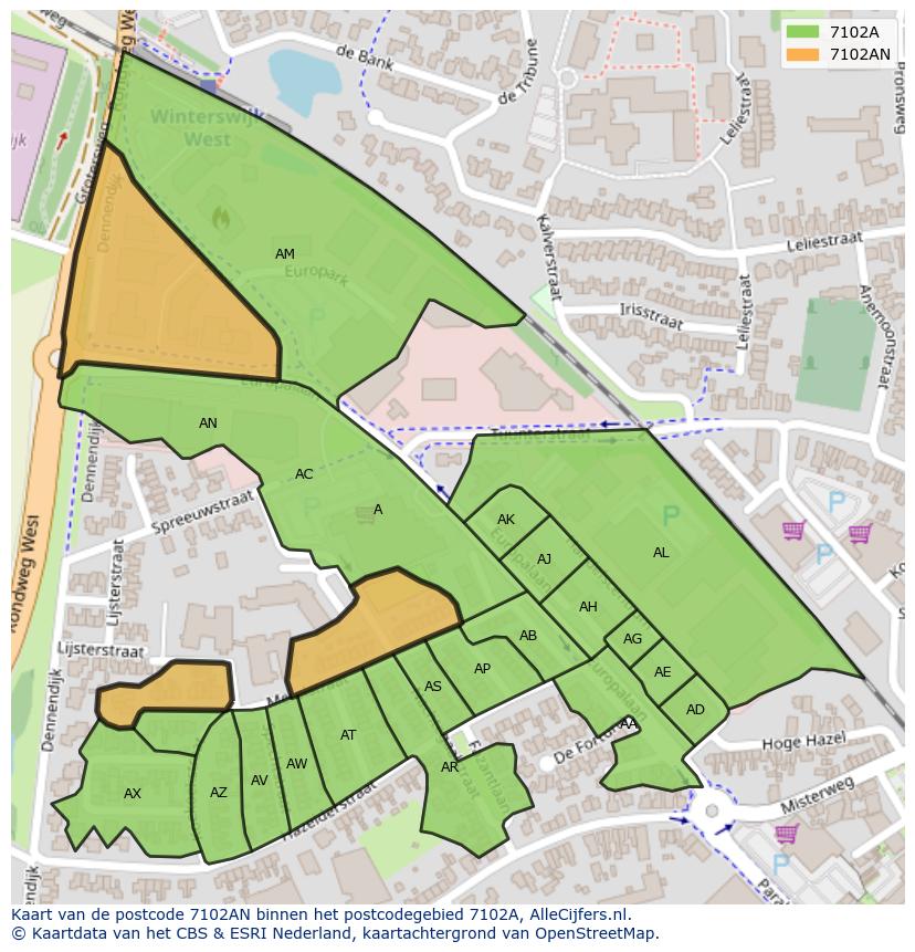 Afbeelding van het postcodegebied 7102 AN op de kaart.