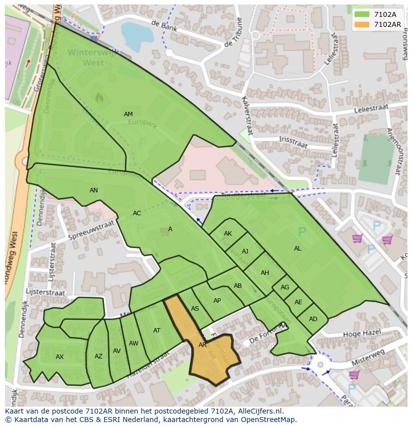 Afbeelding van het postcodegebied 7102 AR op de kaart.