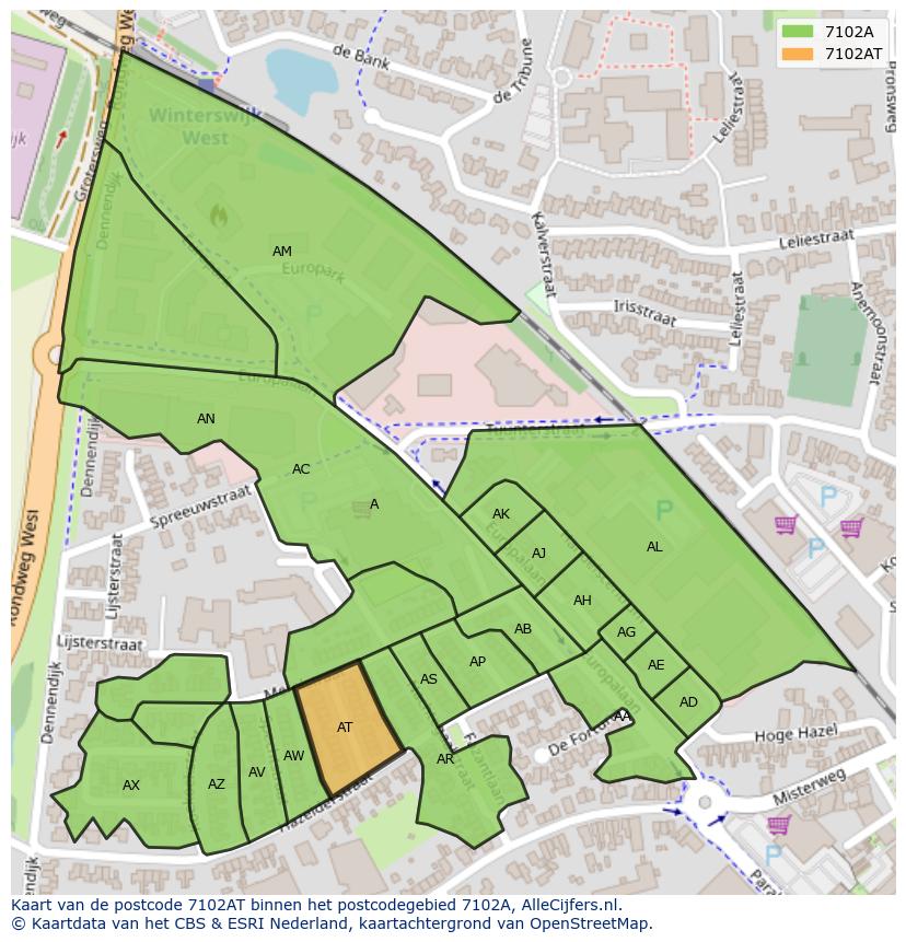 Afbeelding van het postcodegebied 7102 AT op de kaart.
