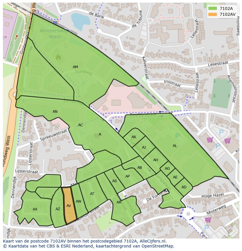 Afbeelding van het postcodegebied 7102 AV op de kaart.