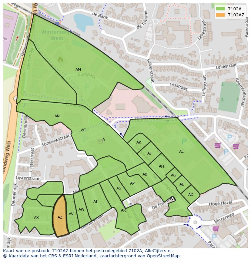 Afbeelding van het postcodegebied 7102 AZ op de kaart.
