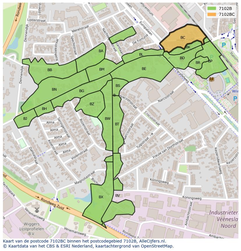 Afbeelding van het postcodegebied 7102 BC op de kaart.