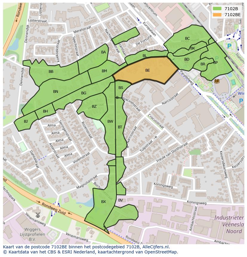 Afbeelding van het postcodegebied 7102 BE op de kaart.
