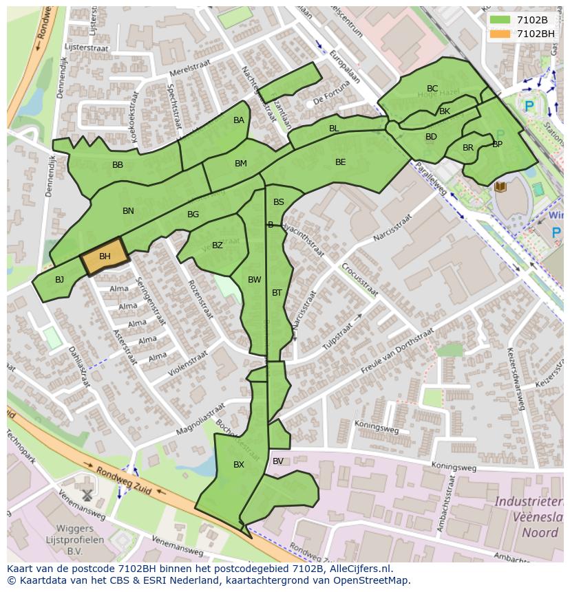 Afbeelding van het postcodegebied 7102 BH op de kaart.