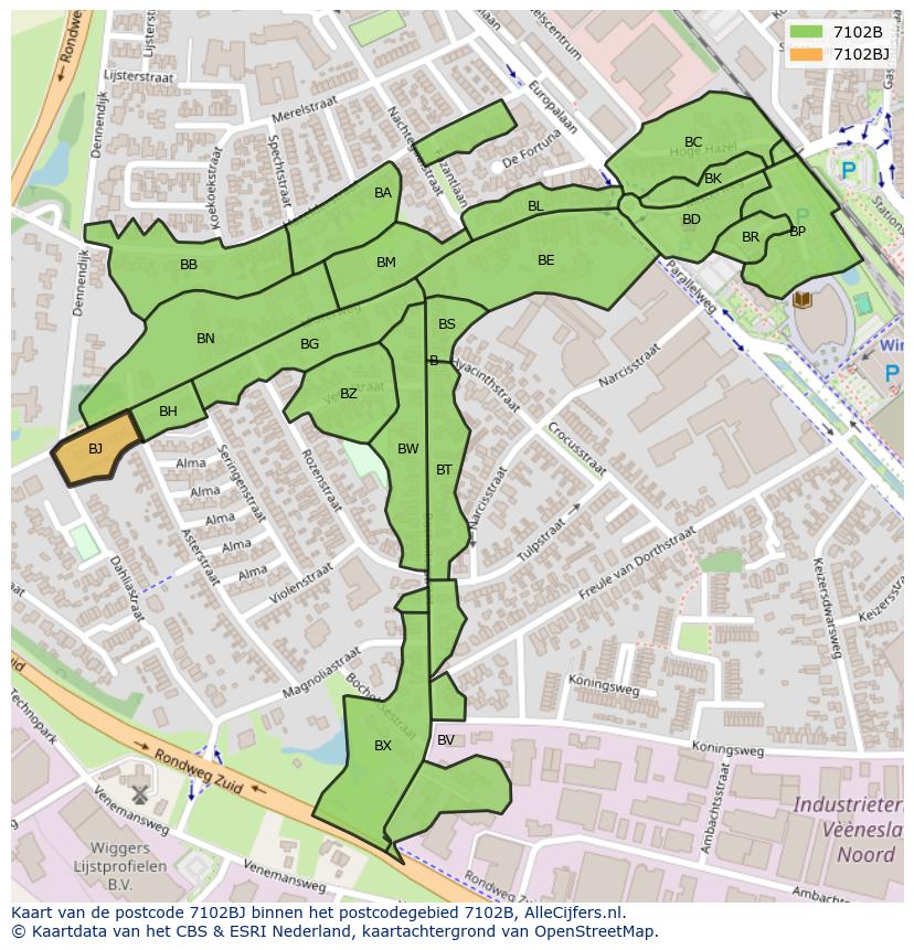 Afbeelding van het postcodegebied 7102 BJ op de kaart.