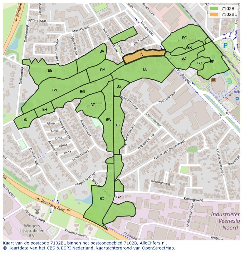 Afbeelding van het postcodegebied 7102 BL op de kaart.