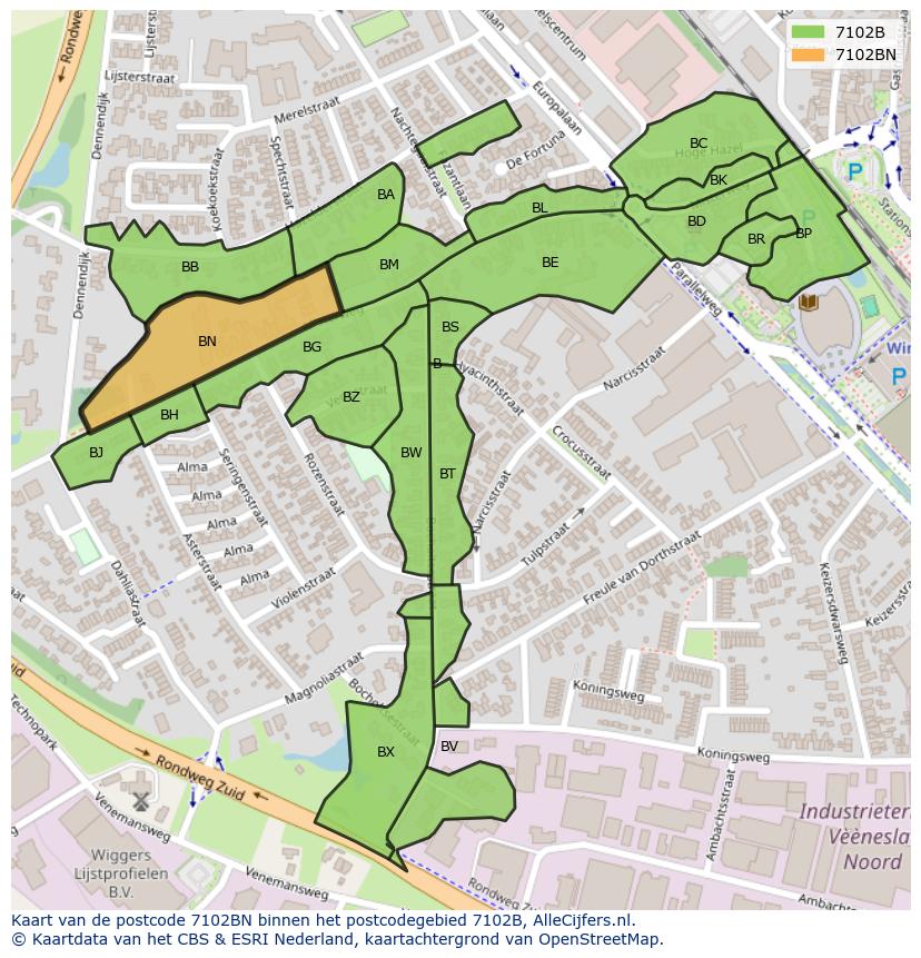 Afbeelding van het postcodegebied 7102 BN op de kaart.