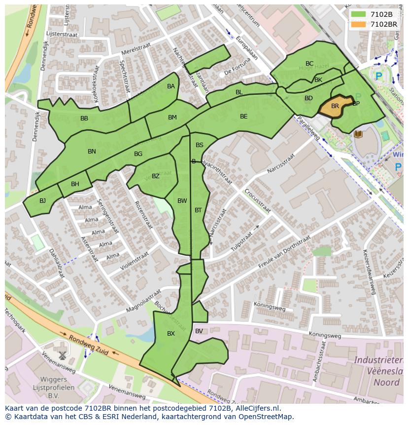 Afbeelding van het postcodegebied 7102 BR op de kaart.