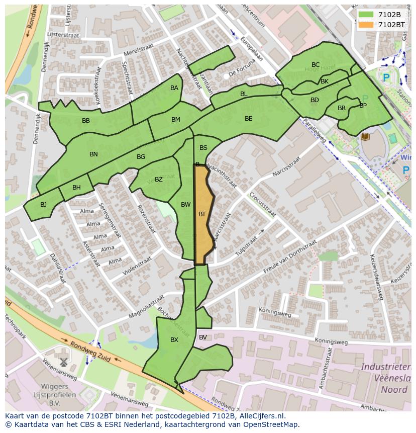 Afbeelding van het postcodegebied 7102 BT op de kaart.