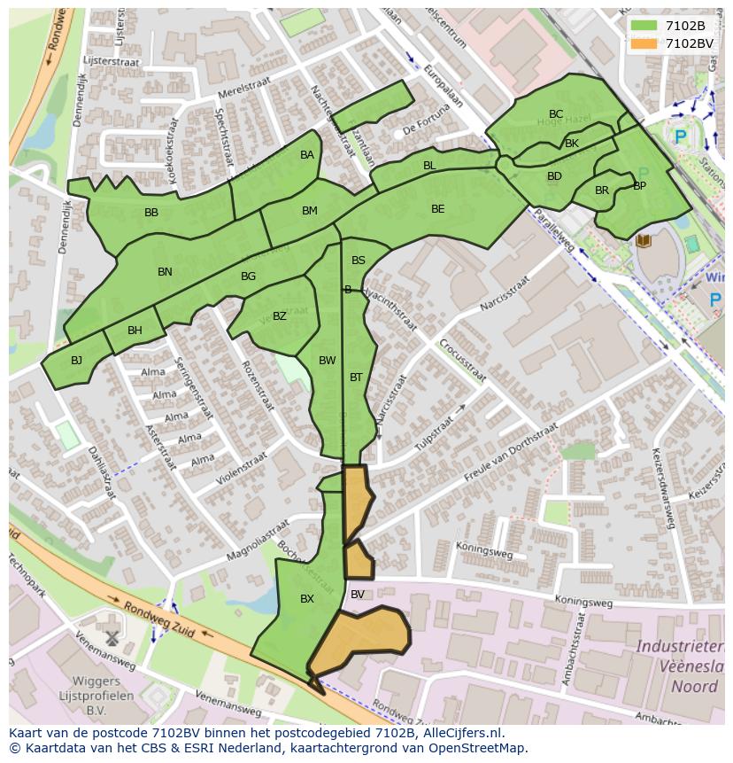 Afbeelding van het postcodegebied 7102 BV op de kaart.