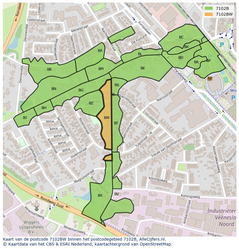 Afbeelding van het postcodegebied 7102 BW op de kaart.