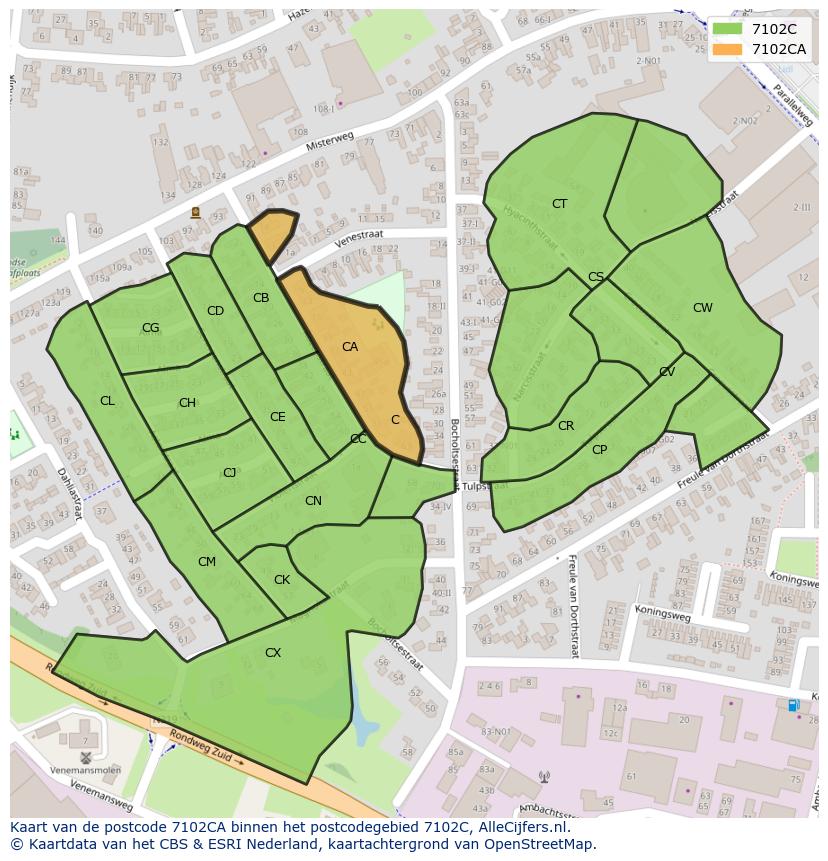 Afbeelding van het postcodegebied 7102 CA op de kaart.