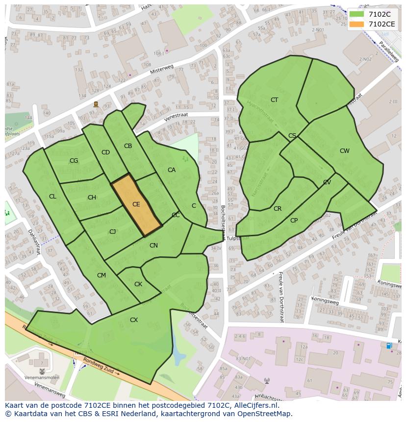 Afbeelding van het postcodegebied 7102 CE op de kaart.