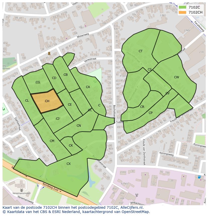 Afbeelding van het postcodegebied 7102 CH op de kaart.