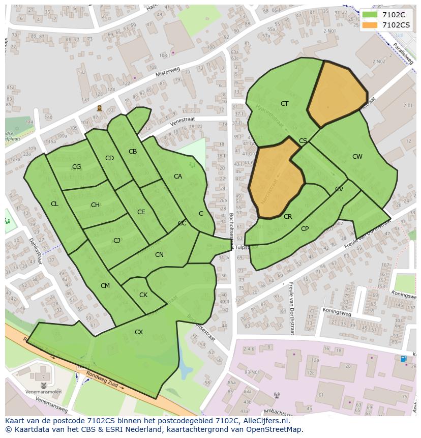 Afbeelding van het postcodegebied 7102 CS op de kaart.