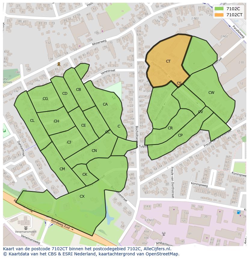 Afbeelding van het postcodegebied 7102 CT op de kaart.