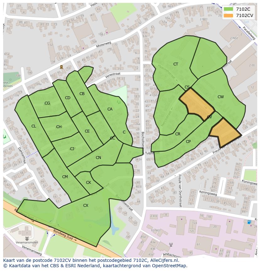 Afbeelding van het postcodegebied 7102 CV op de kaart.