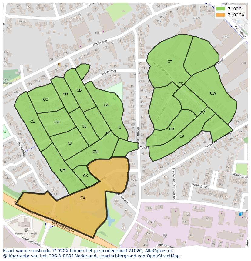 Afbeelding van het postcodegebied 7102 CX op de kaart.