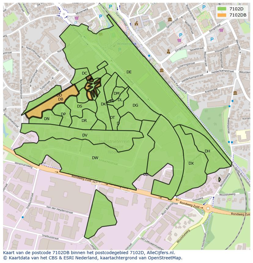 Afbeelding van het postcodegebied 7102 DB op de kaart.