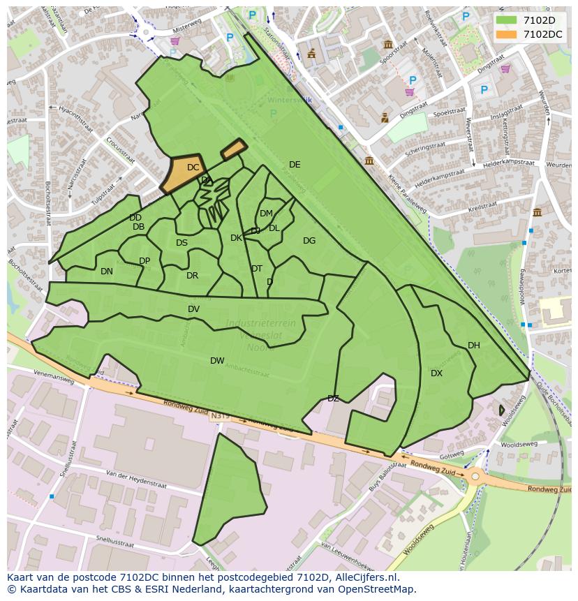 Afbeelding van het postcodegebied 7102 DC op de kaart.