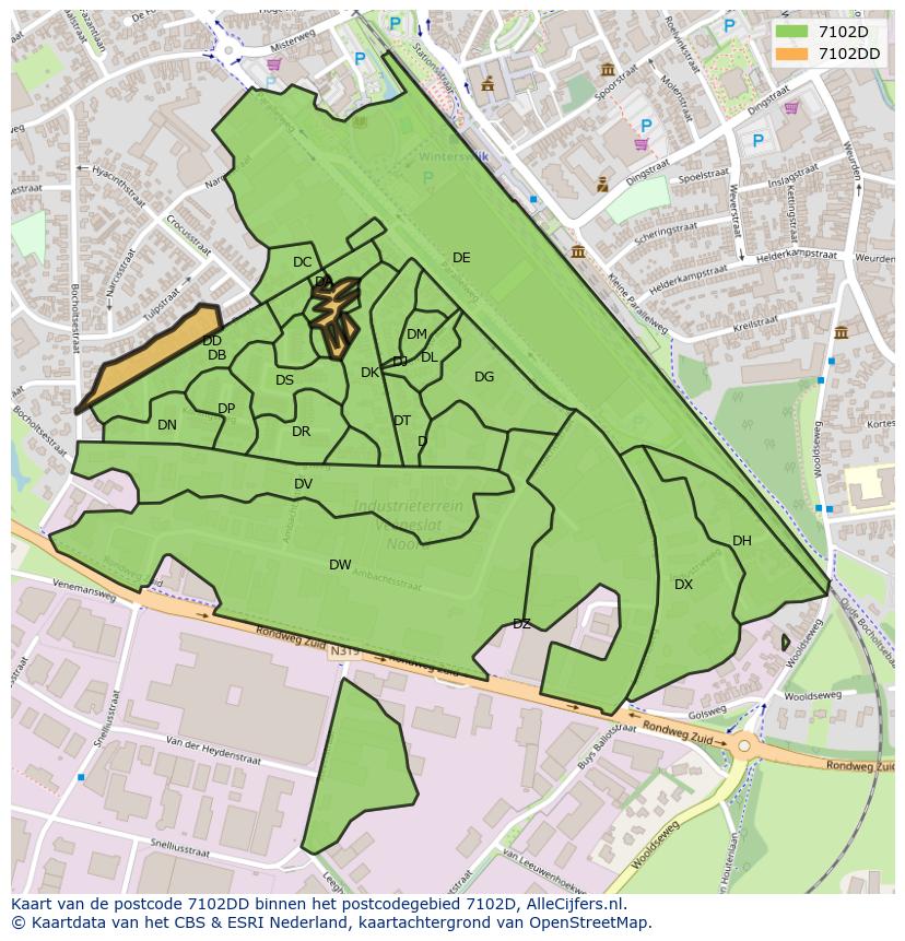 Afbeelding van het postcodegebied 7102 DD op de kaart.