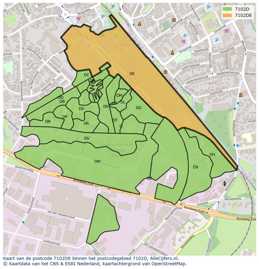 Afbeelding van het postcodegebied 7102 DE op de kaart.
