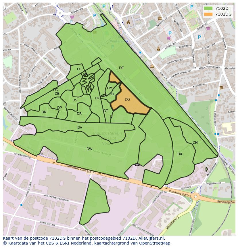 Afbeelding van het postcodegebied 7102 DG op de kaart.