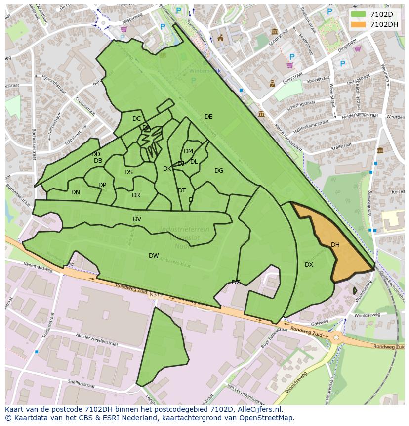 Afbeelding van het postcodegebied 7102 DH op de kaart.