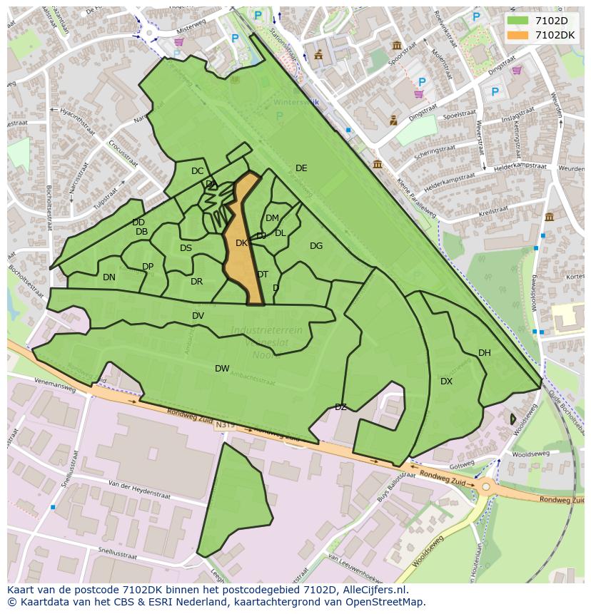 Afbeelding van het postcodegebied 7102 DK op de kaart.