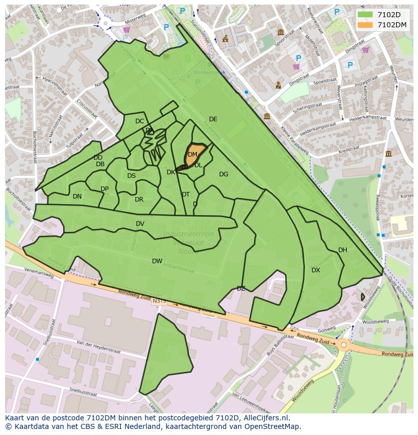 Afbeelding van het postcodegebied 7102 DM op de kaart.